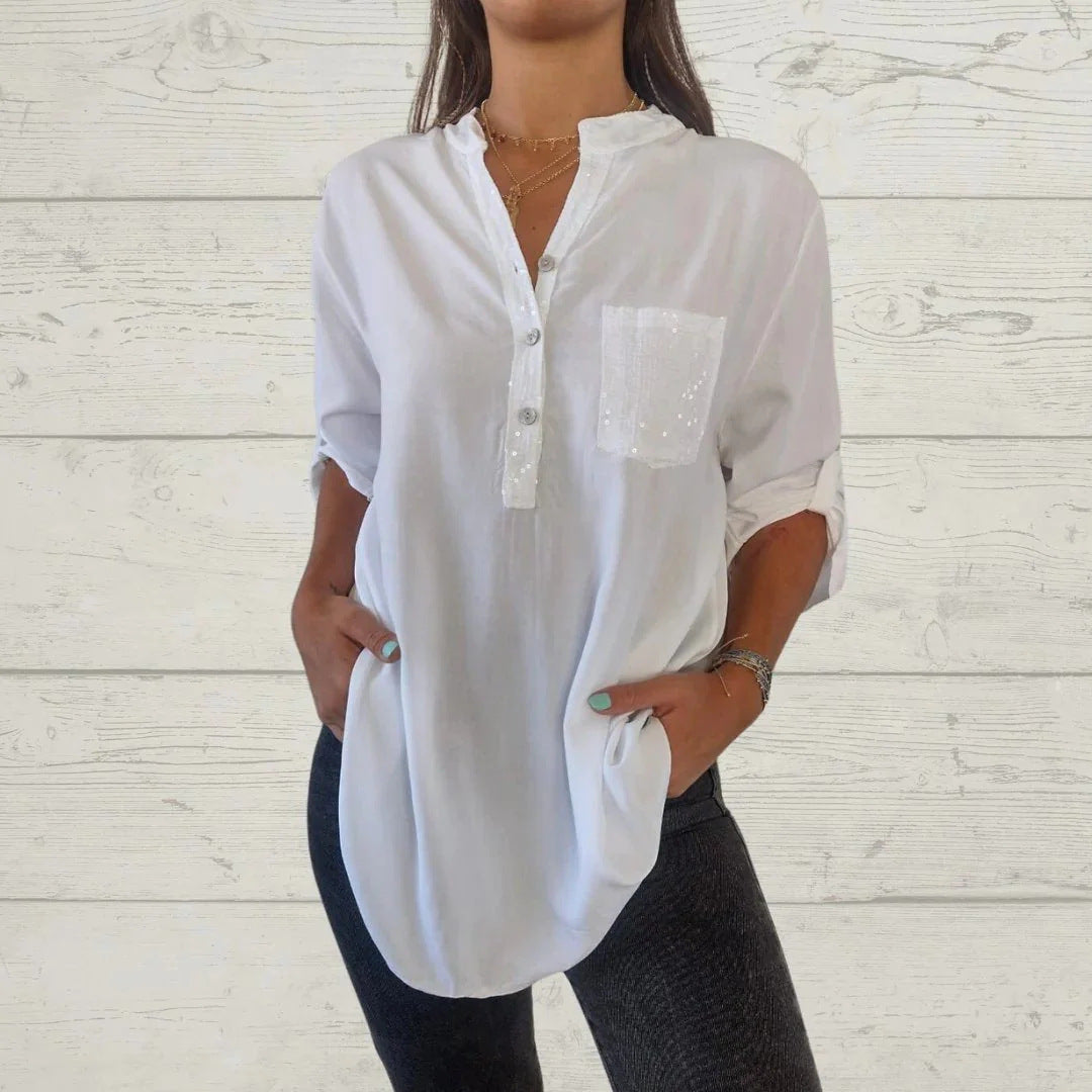 đ©âđ§FĂȘte des mĂšres - 50% de rĂ©ductionđ„Chemise Ă col en V avec patchwork de paillettes pour femmes