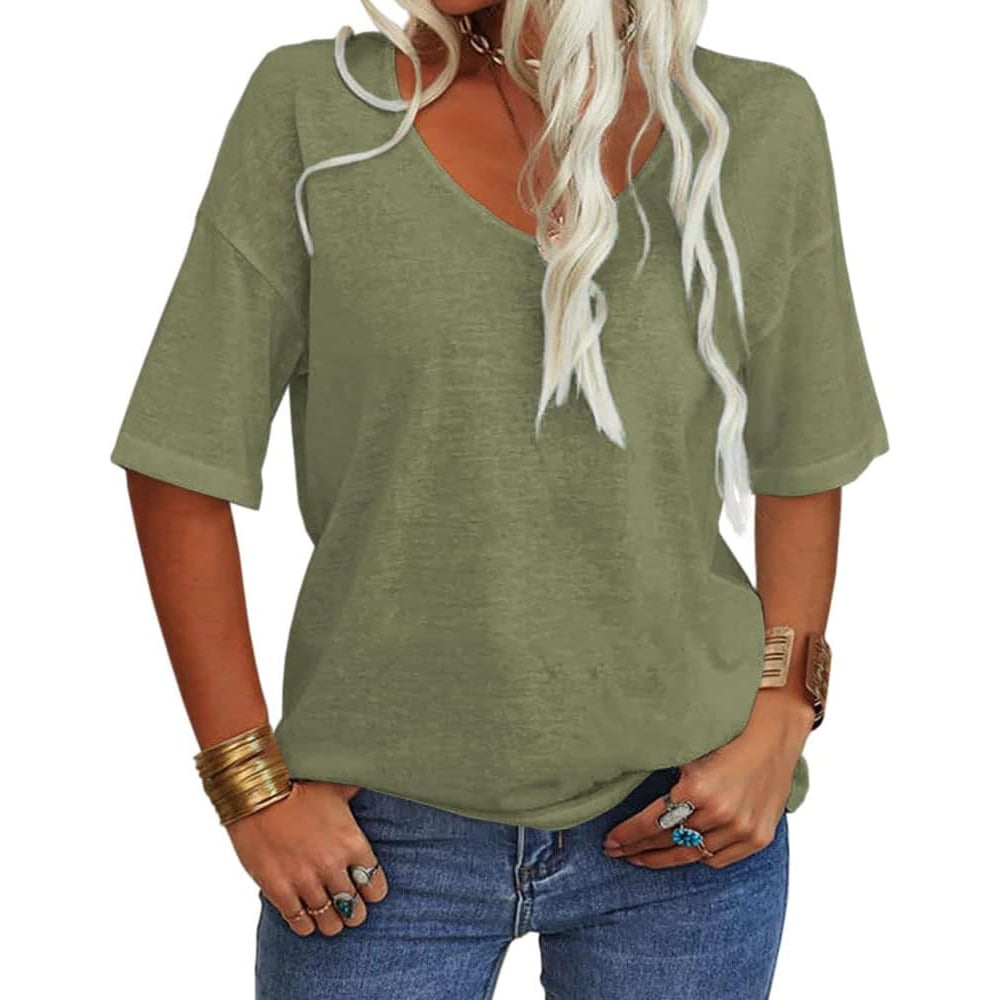 đ„2025 Summer Sale Half Priceđ„T-shirt Ă col en V de couleur unie pour femmes
