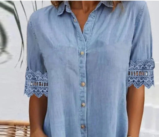 🎁Temps limité 50 % RÉDUCTION⏳Mini-robe bleue simple en denim avec col et dentelle