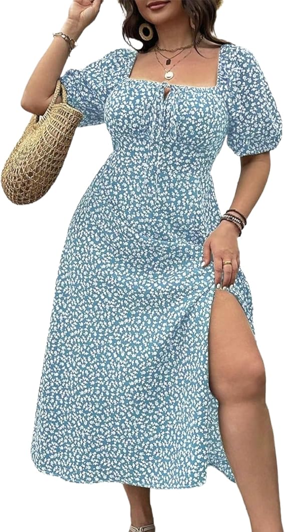 💗Spécial été - 50% de réduction💗Plus-size Short Sleeve Split Floral Print Dress