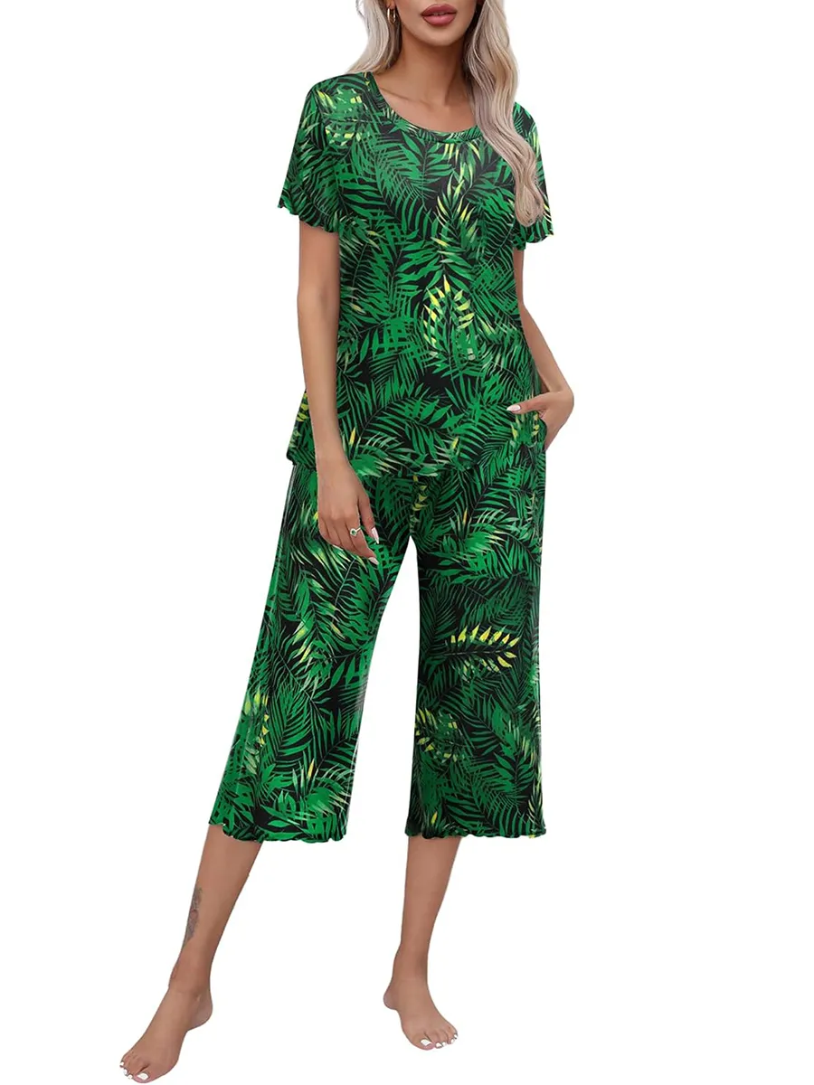 Ensemble haut à manches courtes et pantalon Capri pour femme, tenue de nuit et de détente, imprimé, offre spéciale