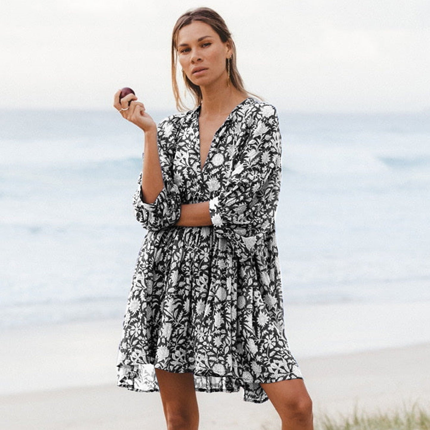 🔥50% DE RÉDUCTION🔥Robe courte d'été tunique florale à col en V et demi-manches
