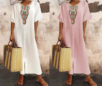 🔥-45%👗 Robe Longue Coton Froissé Femme – Col Décoratif Ethnique, Manches Courtes et Fente Latérale🤍 Robe ample texturée col brodé