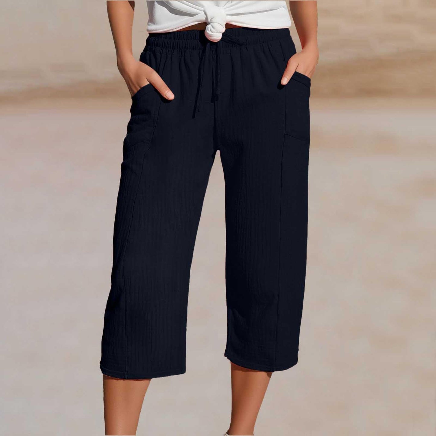 Pantalon court plissé en coton et lin unie pour femme