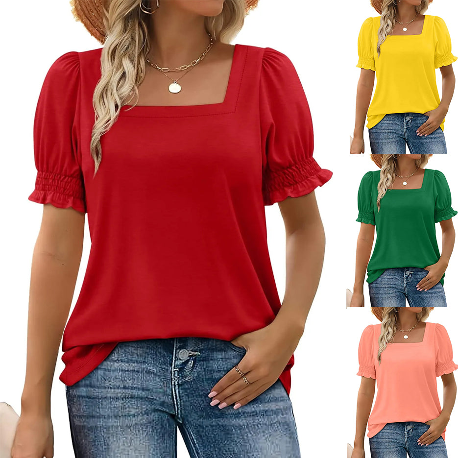 đ„Vente directe d'usineđ„T-shirt dĂ©contractĂ© Ă col carrĂ© et manches froncĂ©es pour femme