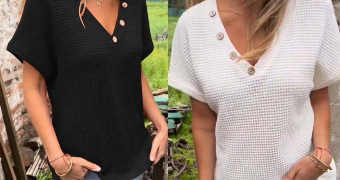 Top stylé à manches courtes et col en V pour femmes