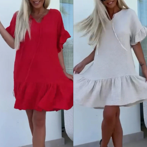 Robes courtes pour femmes à fleurs et manches courtes en couleurs unies