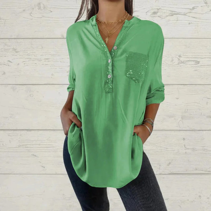 đ©âđ§FĂȘte des mĂšres - 50% de rĂ©ductionđ„Chemise Ă col en V avec patchwork de paillettes pour femmes