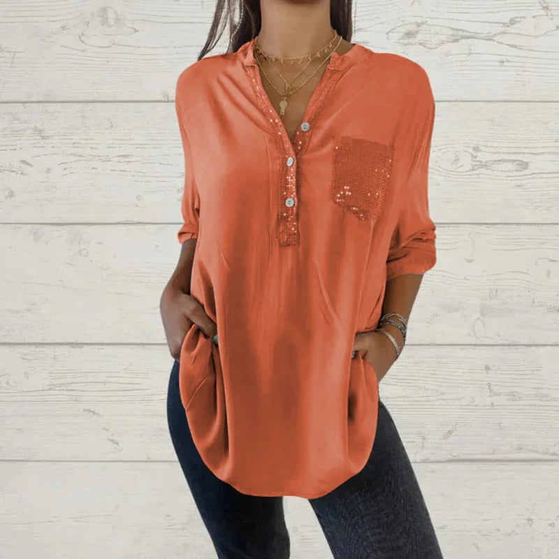 đ©âđ§FĂȘte des mĂšres - 50% de rĂ©ductionđ„Chemise Ă col en V avec patchwork de paillettes pour femmes