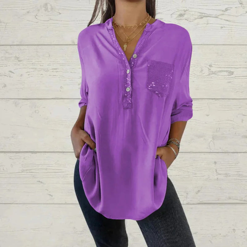 đ©âđ§FĂȘte des mĂšres - 50% de rĂ©ductionđ„Chemise Ă col en V avec patchwork de paillettes pour femmes