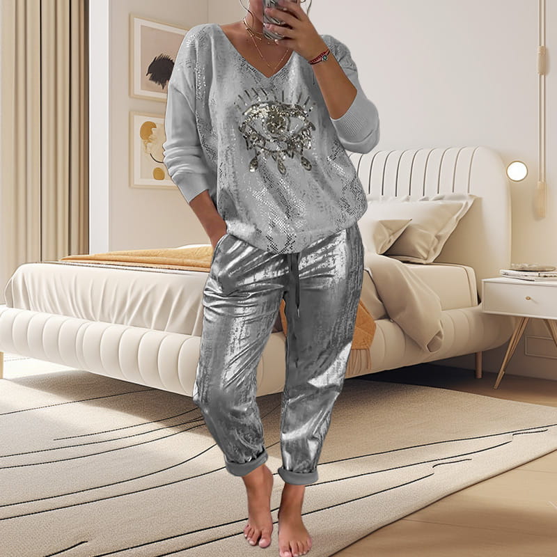 Ensemble 2 pièces pour femmes : ensemble haut en feuille d'or et pantalon à paillettes Devil's Eye