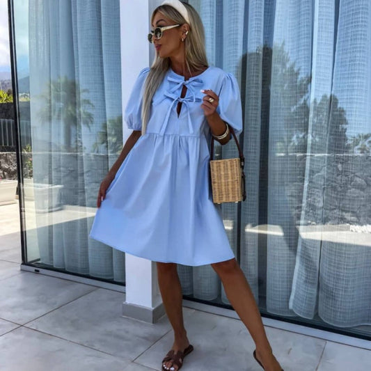 robe de femme unie à la mode avec nœud sur le devant et manches bouffantes