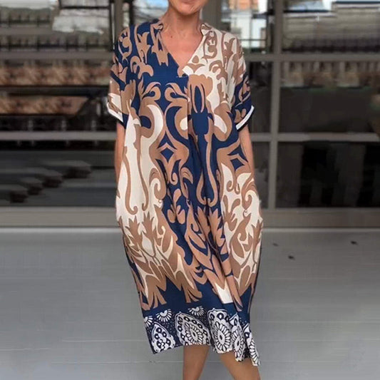 🌸Robe midi imprimée et décontractée avec décolleté en V