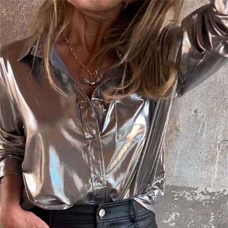 Chemise en Cuir Métallisé Brillant avec Boutons pour Femmes