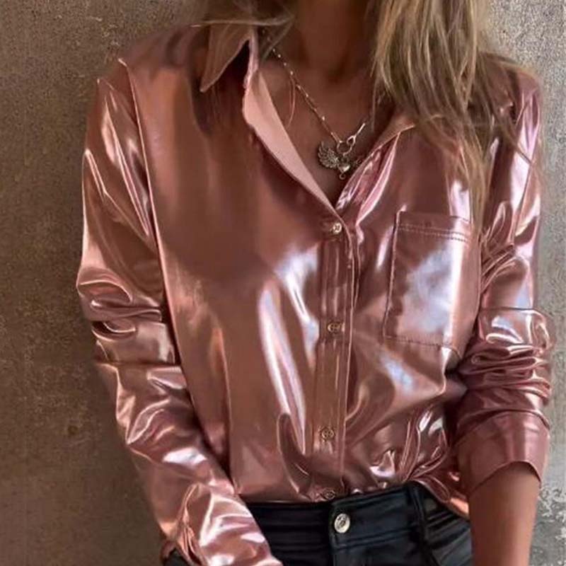 Chemise en Cuir Métallisé Brillant avec Boutons pour Femmes