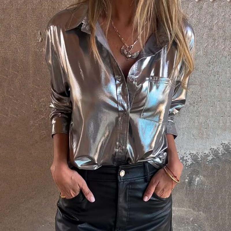 Chemise en Cuir Métallisé Brillant avec Boutons pour Femmes