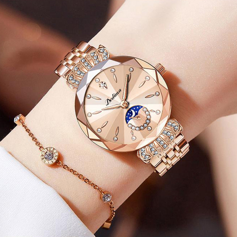 Cadeau du Nouvel An - Montre Étoile et Lune à La Mode en Diamant pour Femmes