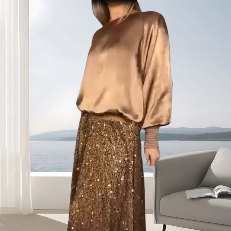 ✨Ensemble en coton mercerisé de haute qualité✨Ensemble deux pièces pour femme composé d'un haut à manches longues et d'une jupe longue à sequins.