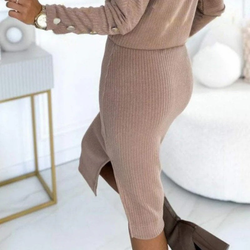 Ensemble deux pièces haut et jupe en tricot côtelé pour femme