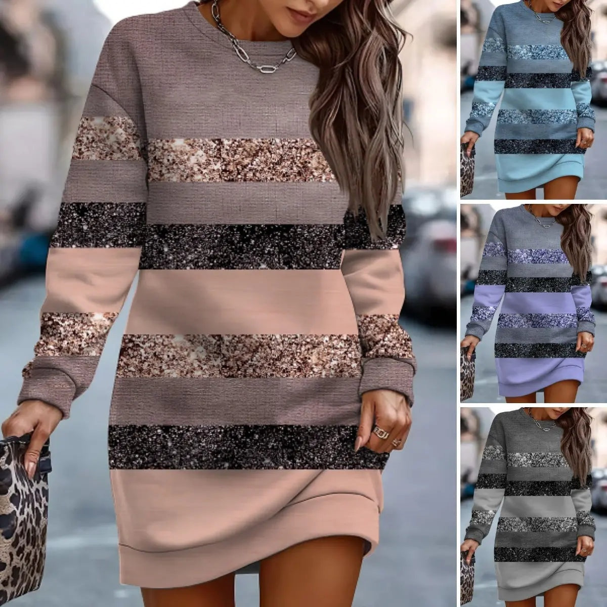 Robe pull courte à manches longues et blocs de couleurs pour femme