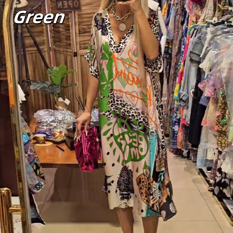 🌸Remise saisonnière 50%🌸Robe imprimée à manches courtes et col en V profond pour femme