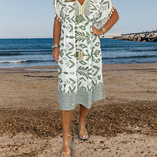 ✨Robe décontractée imprimée avec col en V et manches courtes à franges