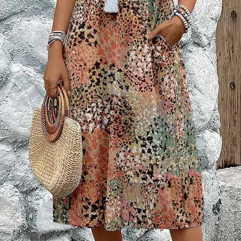 💥Printemps 40% de réduction🌤️Robe midi à col en V imprimée Vivid pour femmes