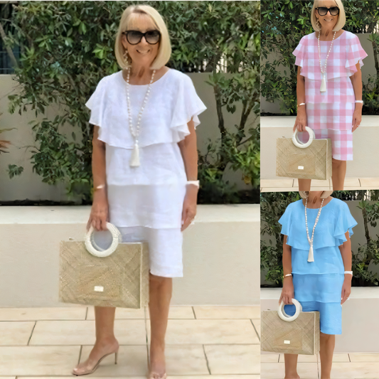 Robe en mousseline de soie longueur genou avec manches courtes et volants