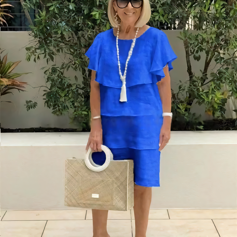 Robe Longueur Genou en Coton à Manches Courtes avec Détails à Volants