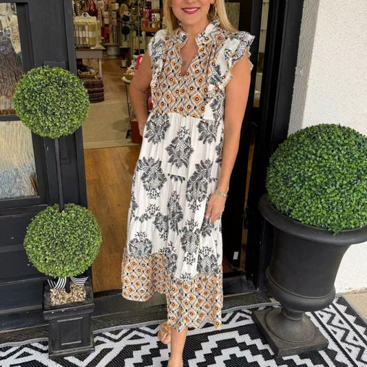 Élégante robe imprimée à volants sans manches pour femmes