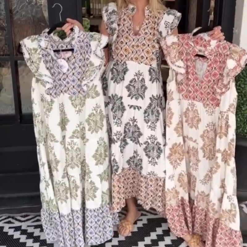 Élégante robe imprimée à volants sans manches pour femmes