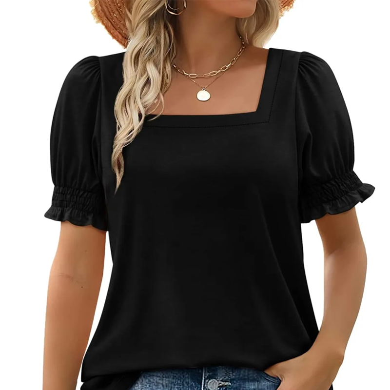 đ„Vente directe d'usineđ„T-shirt dĂ©contractĂ© Ă col carrĂ© et manches froncĂ©es pour femme