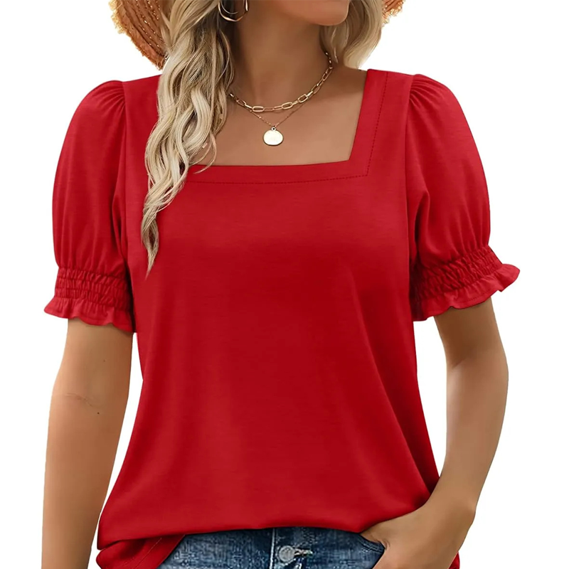 đ„Vente directe d'usineđ„T-shirt dĂ©contractĂ© Ă col carrĂ© et manches froncĂ©es pour femme
