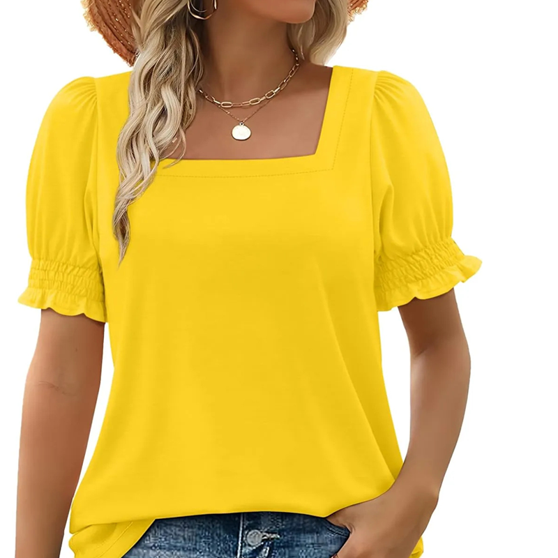 đ„Vente directe d'usineđ„T-shirt dĂ©contractĂ© Ă col carrĂ© et manches froncĂ©es pour femme