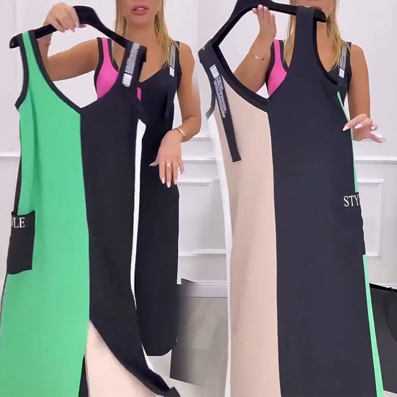 🌸Réduction de 50% pour l'été 💐 Robe en tricot sans manches à col en V et à couleurs contrastées