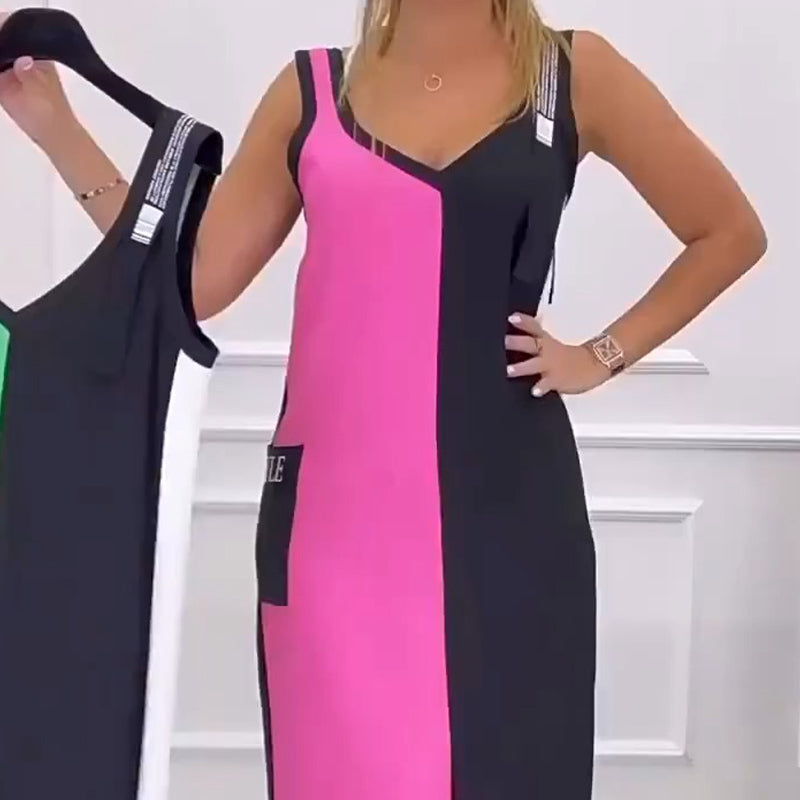 🌸Réduction de 50% pour l'été 💐 Robe en tricot sans manches à col en V et à couleurs contrastées