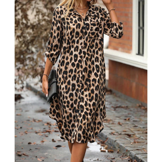 Leopard Print Button Front Roll Sleeve Midi Dress
