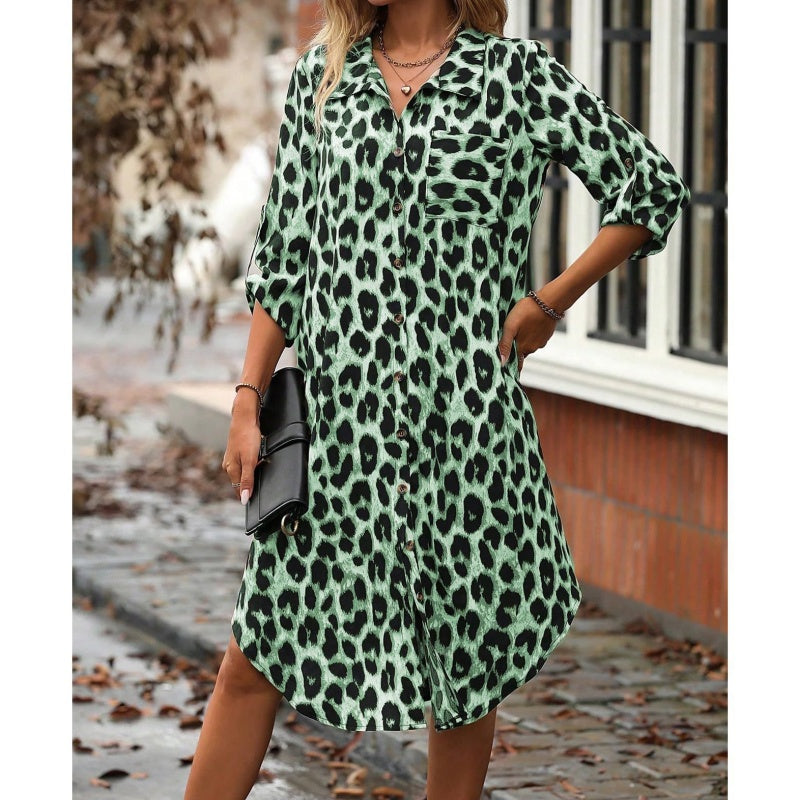 Leopard Print Button Front Roll Sleeve Midi Dress