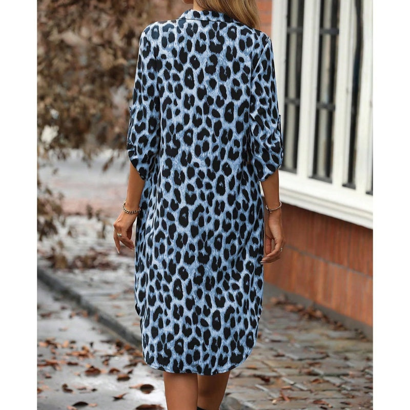 Leopard Print Button Front Roll Sleeve Midi Dress