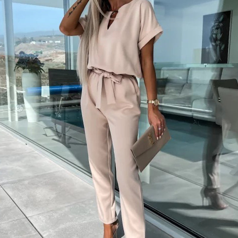 Combinaison Tendance à Manches Courtes à Col en V avec Taille à Nouer pour Femmes
