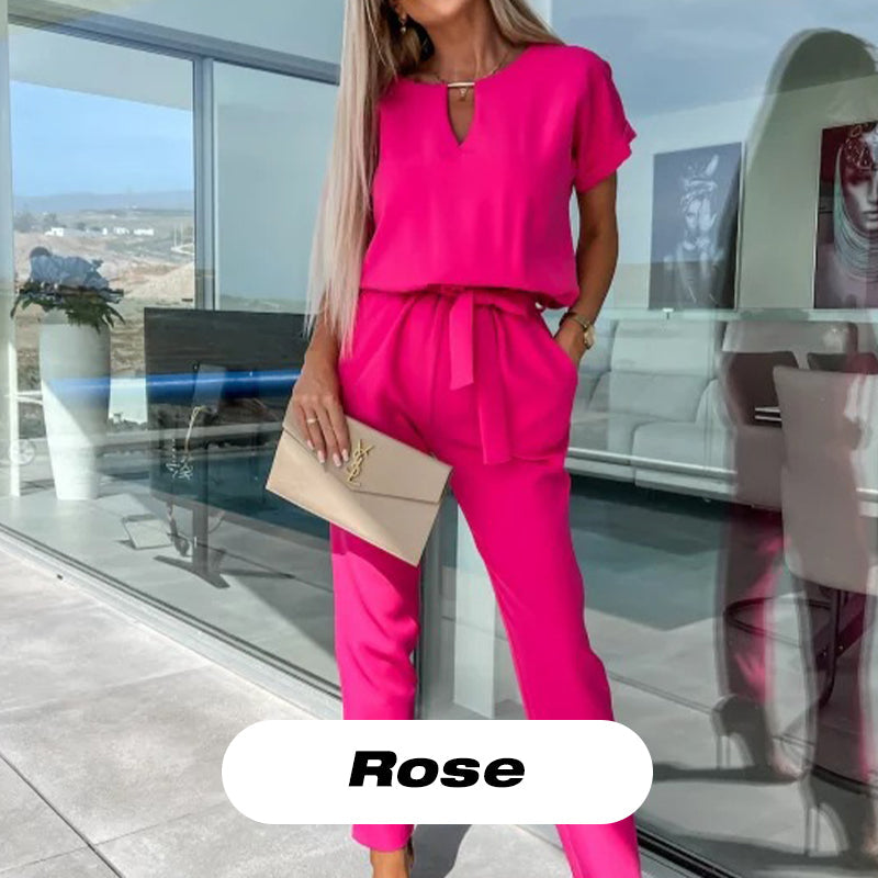 Combinaison Tendance à Manches Courtes à Col en V avec Taille à Nouer pour Femmes