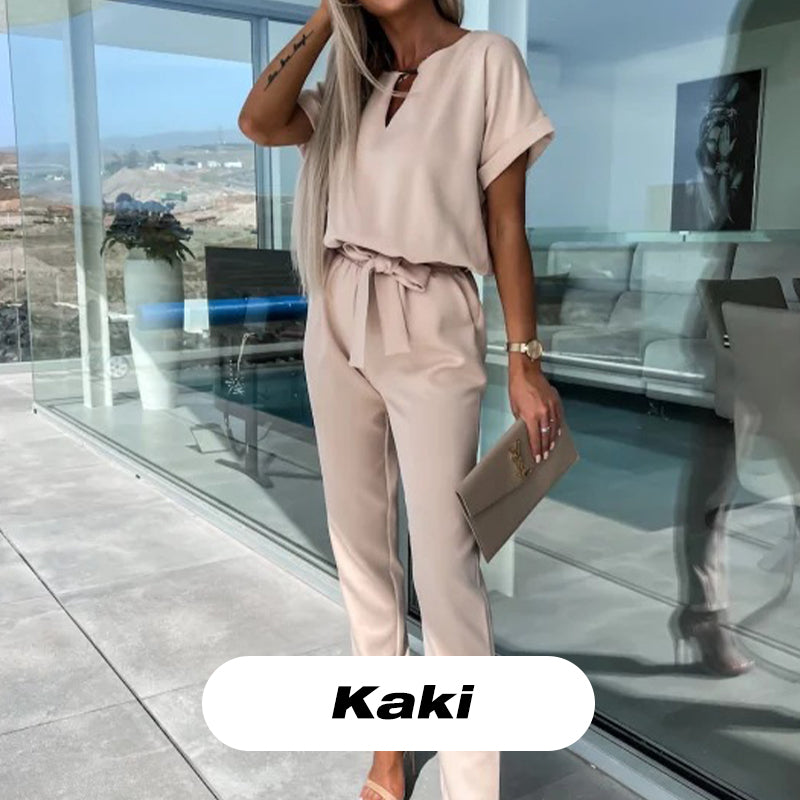 Combinaison Tendance à Manches Courtes à Col en V avec Taille à Nouer pour Femmes