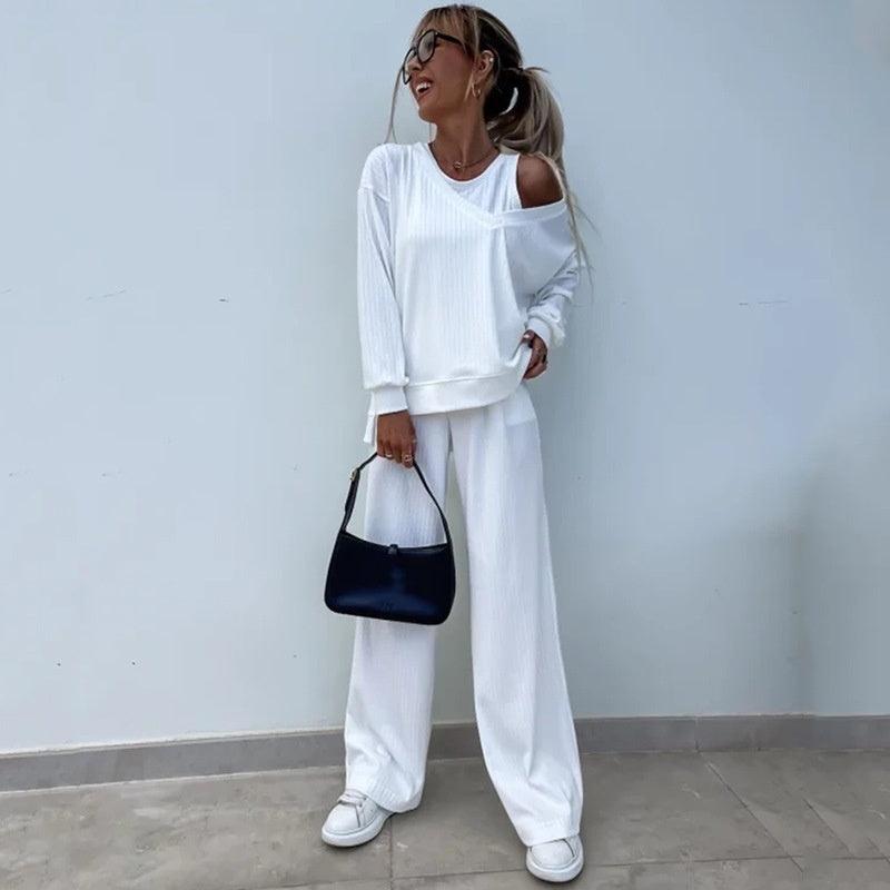 Ensemble 3 pièces de couleur unie pour femmes, haut à manches longues à col en V, gilet, pantalon