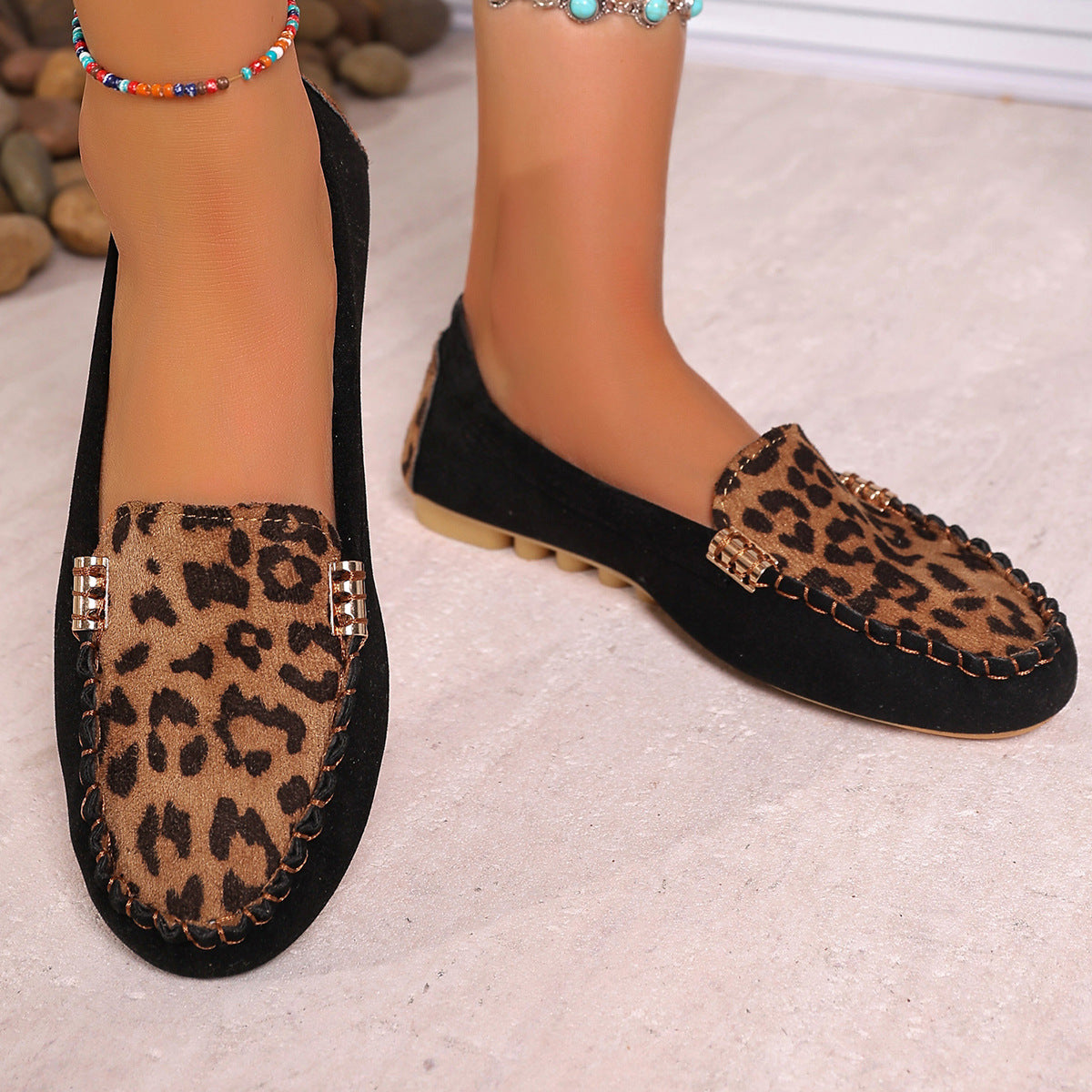 Mocassins patchwork à imprimé léopard pour femmes