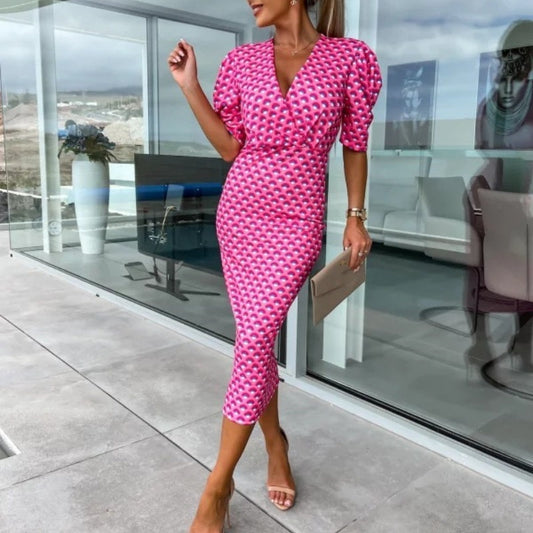 ⏰50% de réduction pour une durée limitée🔥Mode féminine Imprimé Bubble Sleeve V Neck Short Sleeve Waist Dresses