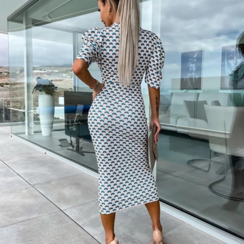 ⏰50% de réduction pour une durée limitée🔥Mode féminine Imprimé Bubble Sleeve V Neck Short Sleeve Waist Dresses