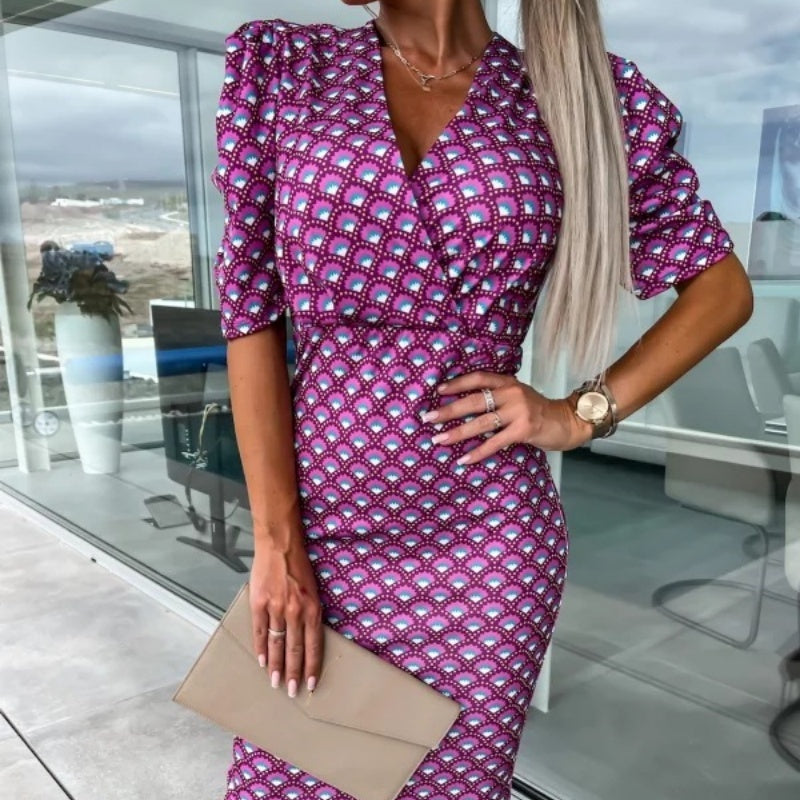 ⏰50% de réduction pour une durée limitée🔥Mode féminine Imprimé Bubble Sleeve V Neck Short Sleeve Waist Dresses