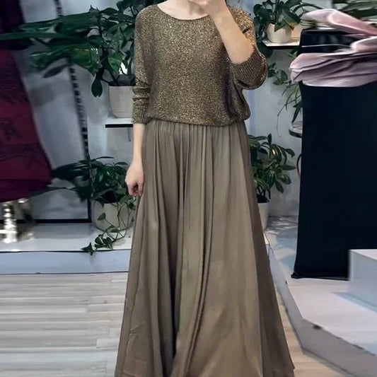 ⏰50% de réduction pour une durée limitée✨Ensemble 2 pièces jupe longue or pour femmes
