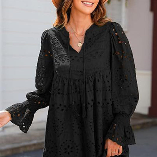 🌸50% de réduction pour une durée limitée🌸🌿Robe ajourée à lacets et col en V pour femme avec manches évasées