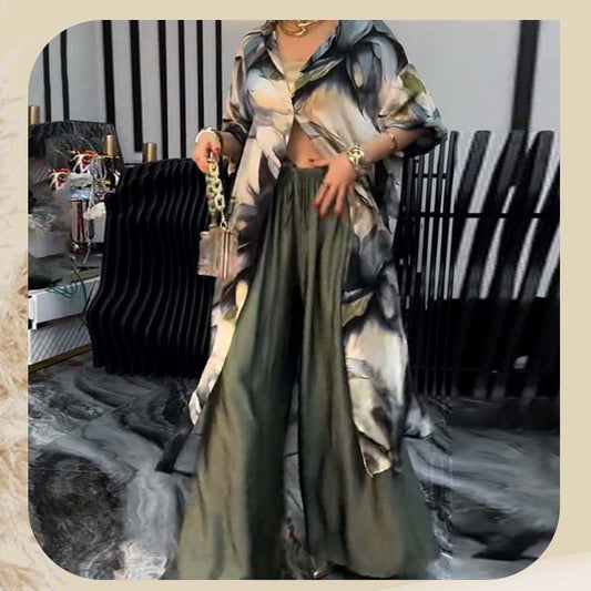 Ensemble deux pièces imprimé stylisé - Top long et pantalon large